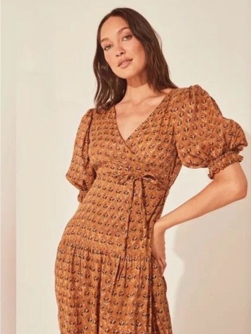 Boho Brown Floral Wrap Maxi Dress